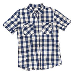 Normal Blue And White Checkered Button Down Shirt Short Sleeves Casual Sz L/S